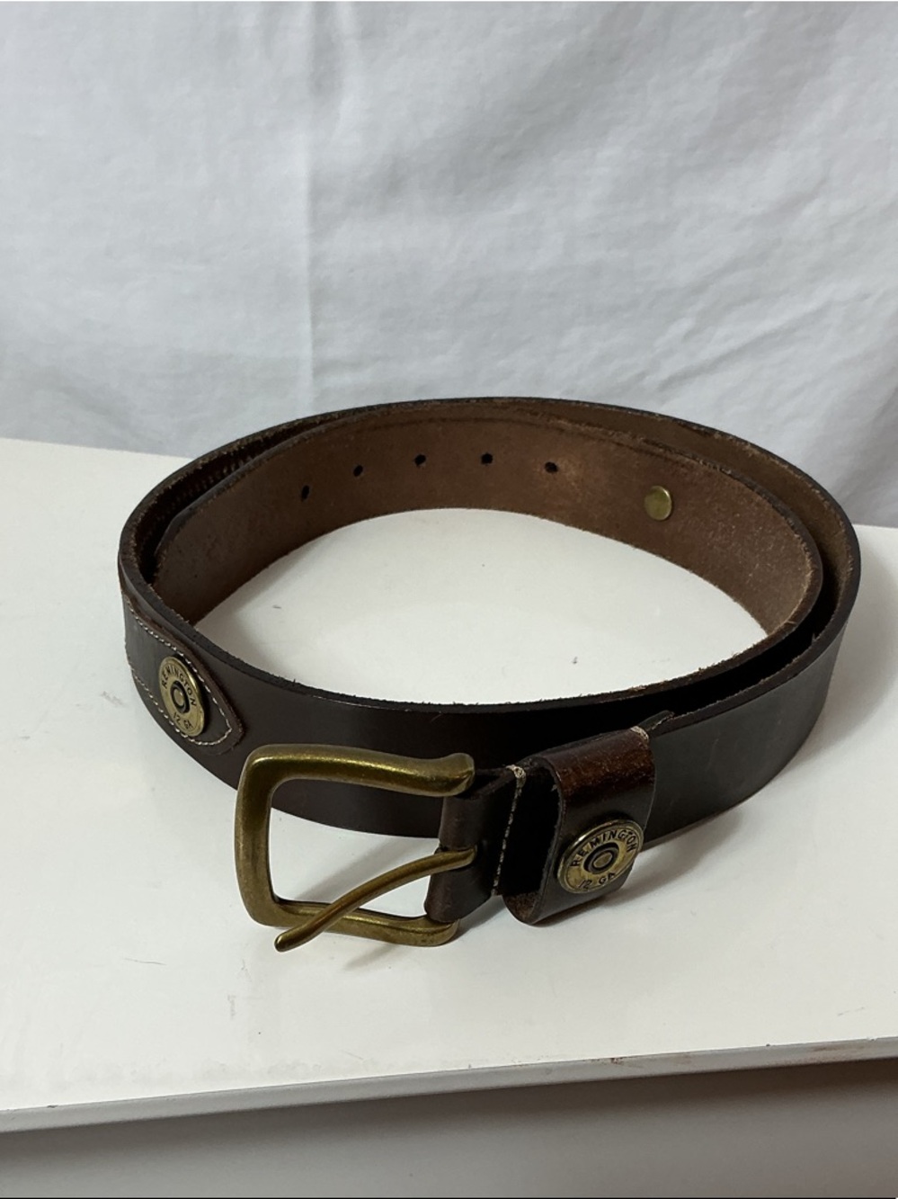 Remington 12 GA Dark Brown Leather Belt with Brass Buckle